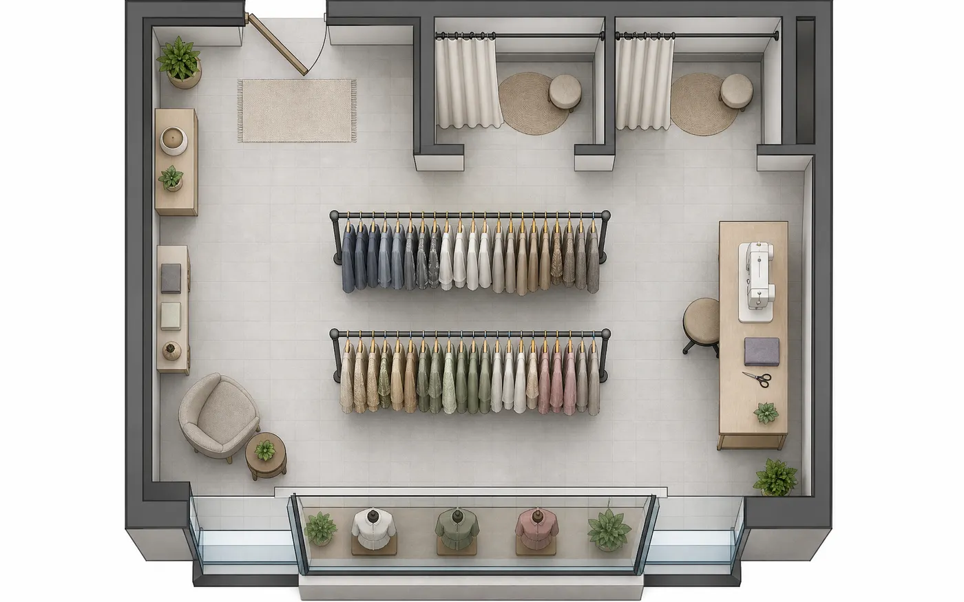 Plano de la tienda Bellverton visto desde arriba, con escaparate, dos percheros, probadores y mesa de arreglos