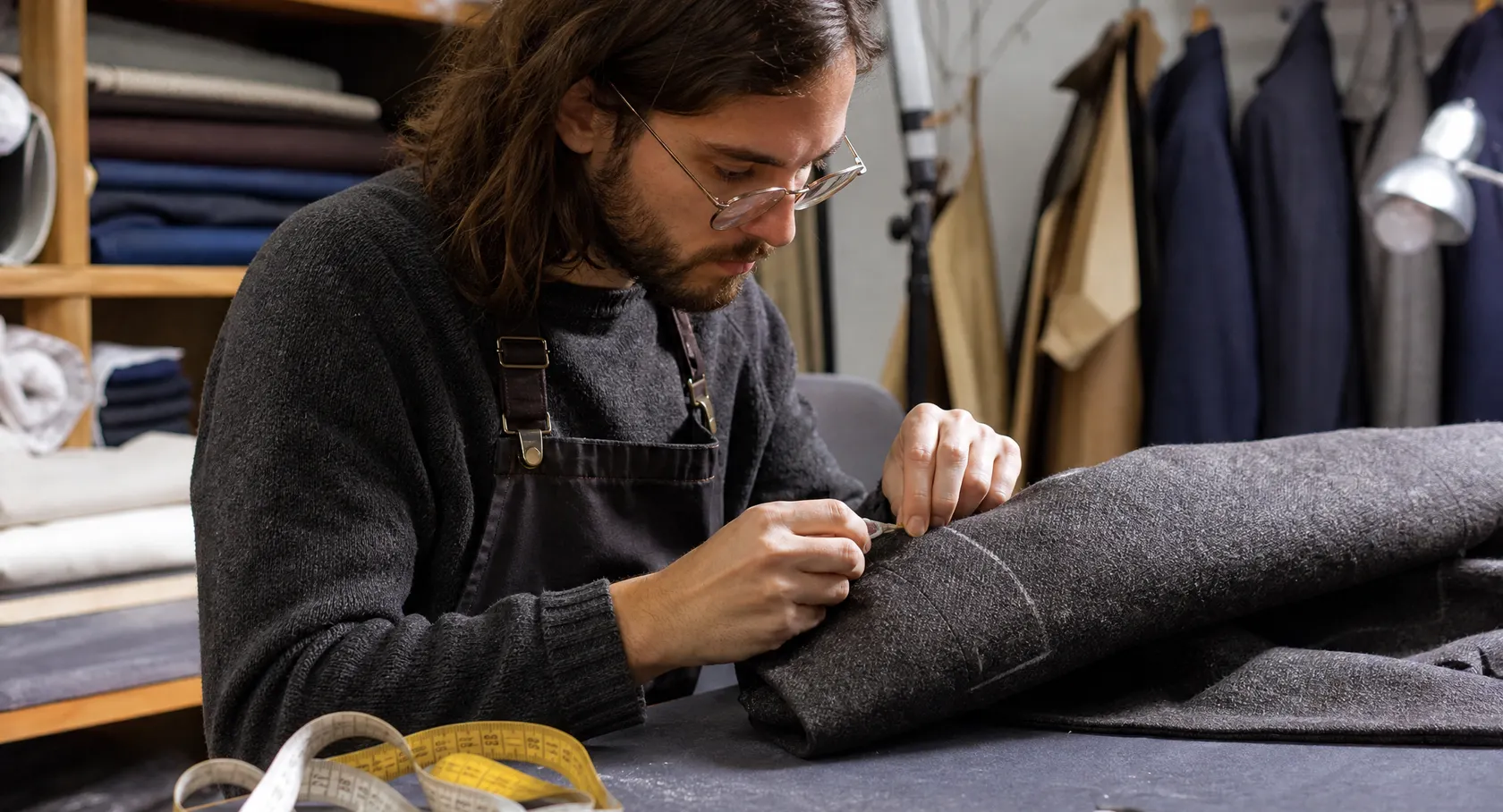 Íñigo acorta la manga de un abrigo de lana en la mesa del taller, con tiza y cinta métrica